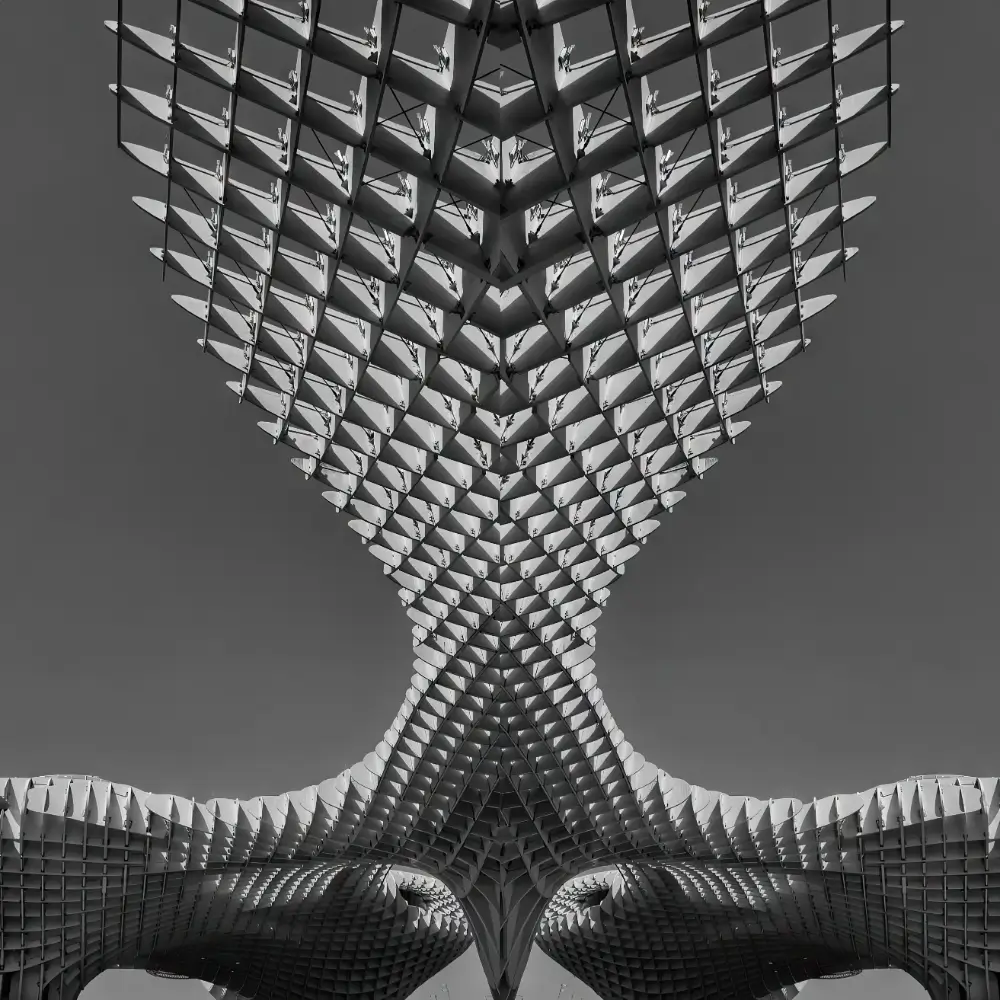 A black and white photo of an abstract structure.