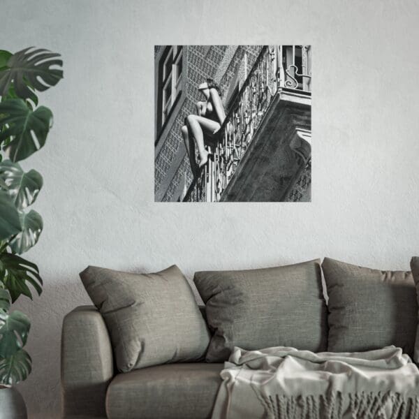 A black and white photo of a woman climbing up the side of a building.