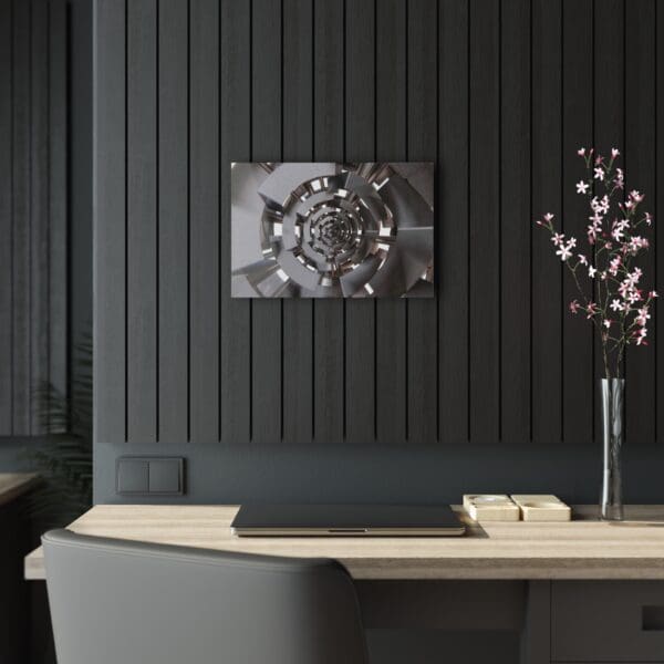 A black wall with a clock and flowers in the corner.