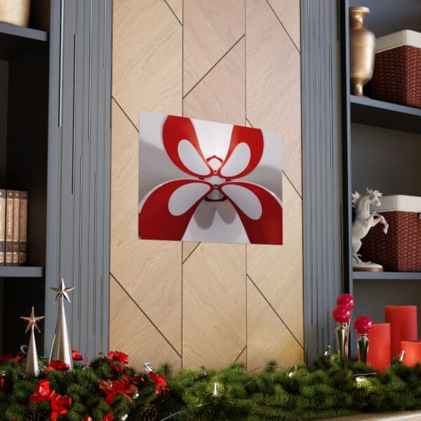 A red and white butterfly decoration on the wall.