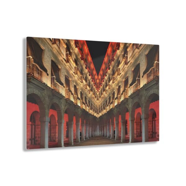 A large painting of an indoor building with red walls.