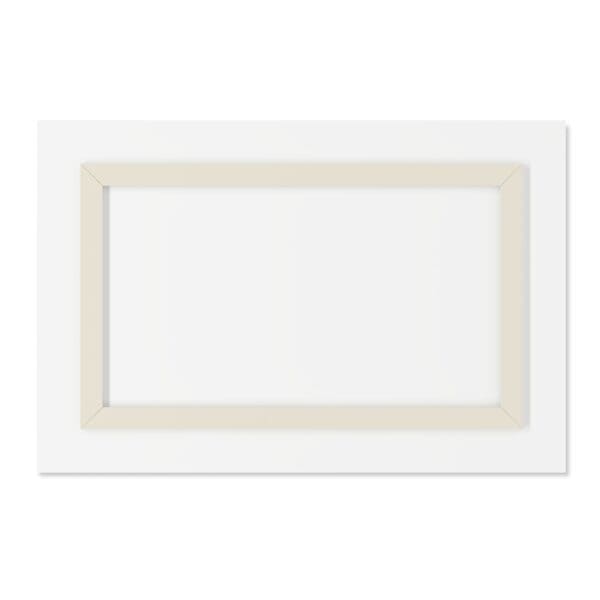 A white card with a beige border on top of it.