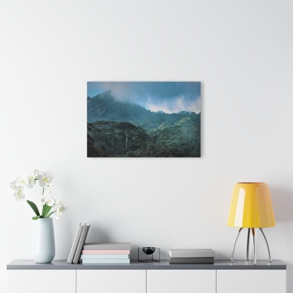 A painting of mountains with a sky background