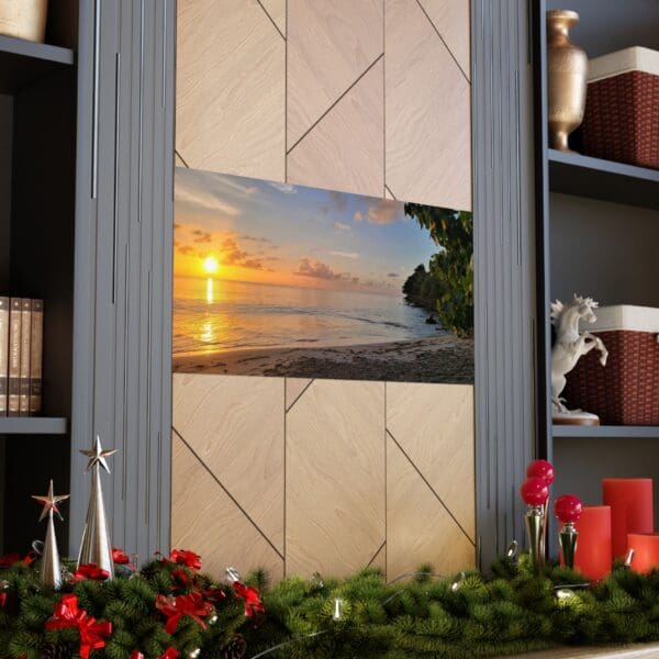 A fireplace mantle with a picture of the sunset on it.