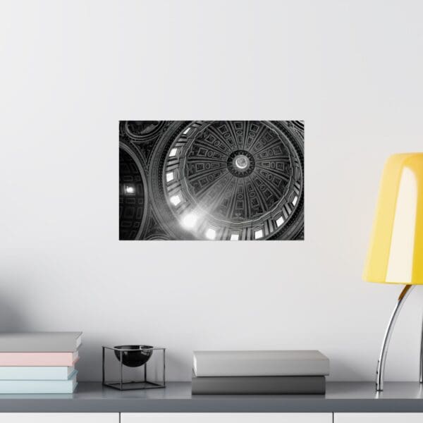 A black and white photo of a clock in the middle of a room.