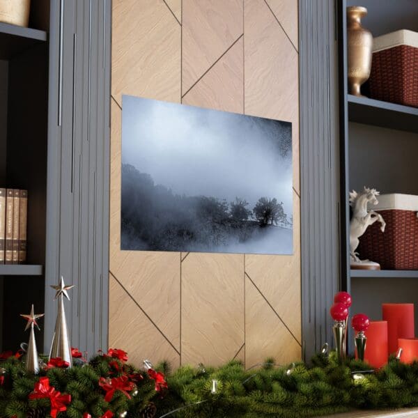 A fireplace with a picture of a fire in the window.