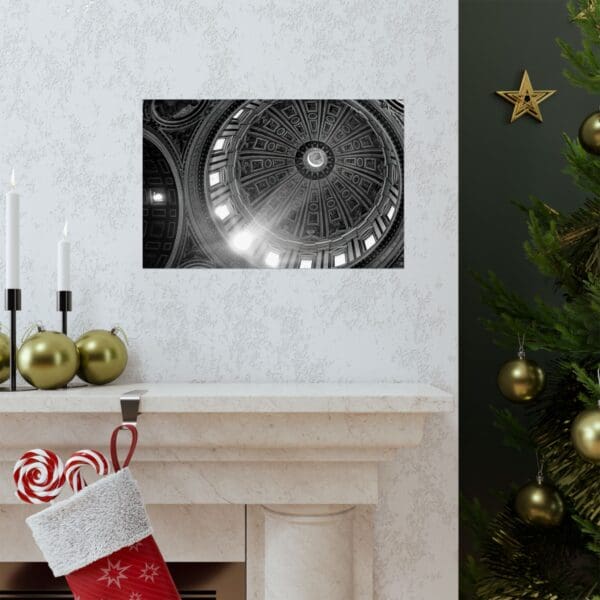 A fireplace with a christmas stocking and a picture of a building.