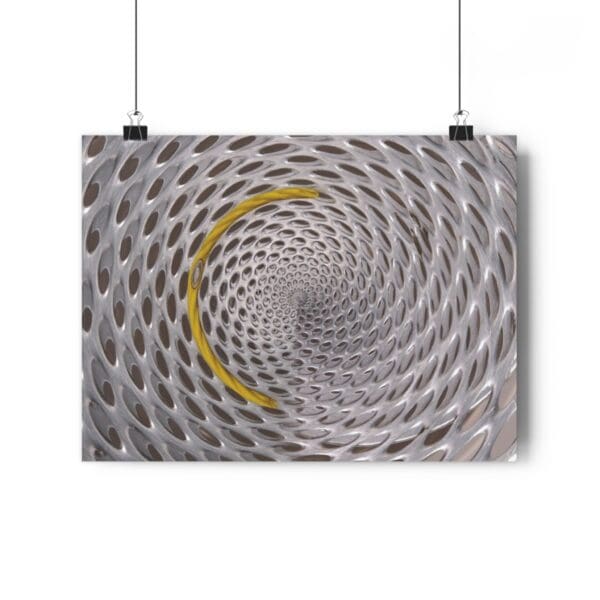 A poster of a spiral pattern with yellow and white colors.