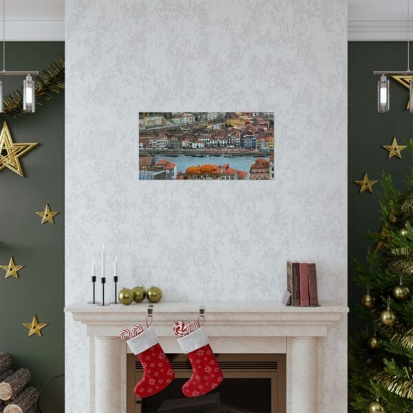 A fireplace with christmas stockings hanging on it.