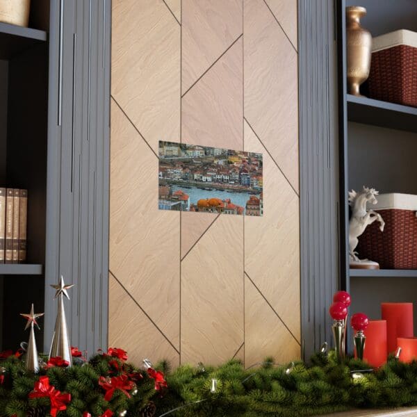 A fireplace mantle with christmas decorations and candles.