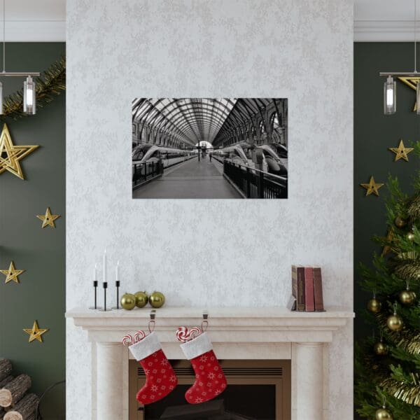 A fireplace with christmas stockings and decorations