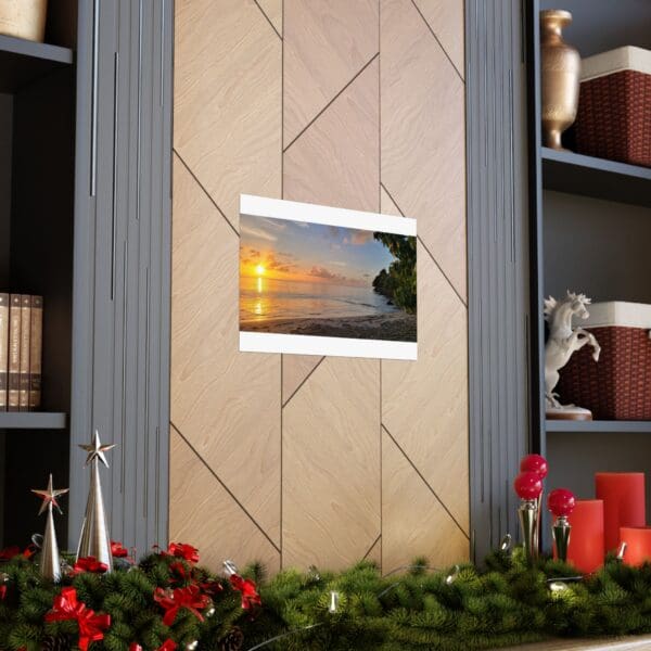 A fireplace with a picture of the sunset on it.