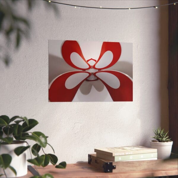 A red and white flower on the wall