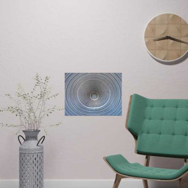 A green chair and clock in the corner of a room.