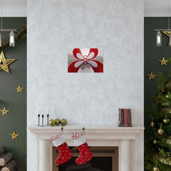 A fireplace with christmas decorations and a stocking hanging on the wall.