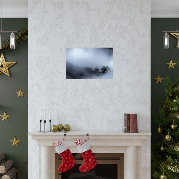 A fireplace with christmas stockings hanging on it.