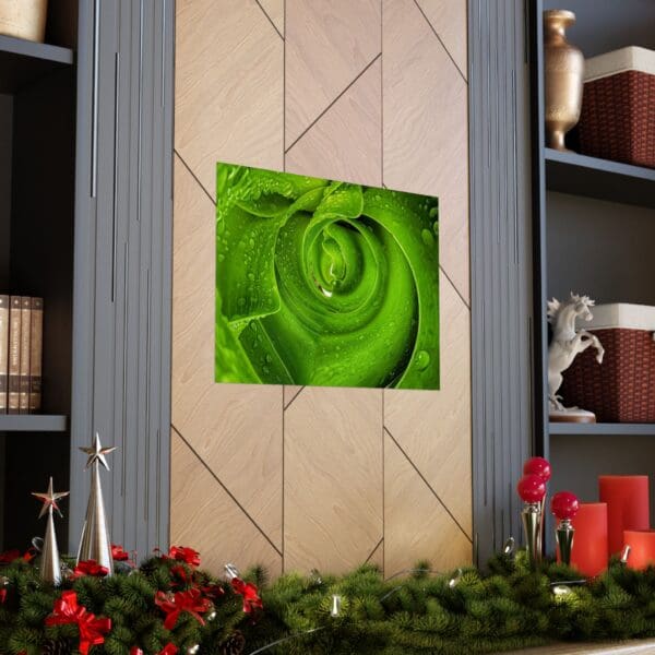 A green rose is shown on the wall.