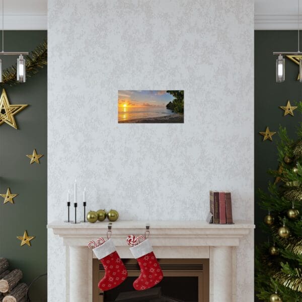 A fireplace with christmas stockings hanging on it.