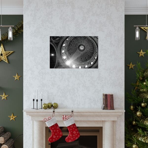 A fireplace with christmas decorations and a clock on the wall.