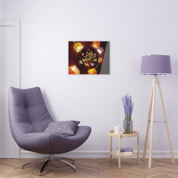 A purple chair and lamp in a room.