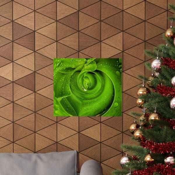 A green rose is shown on the wall.