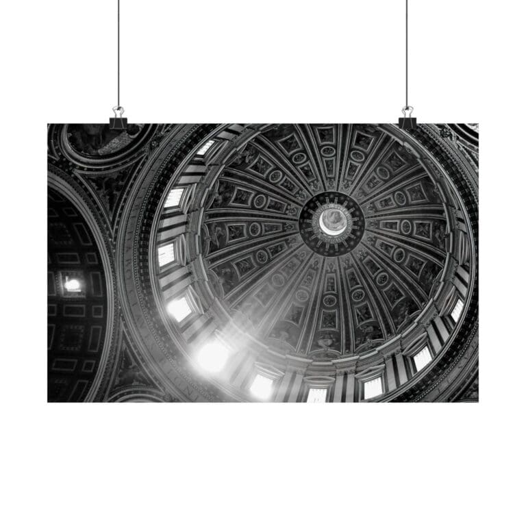 A black and white photo of the ceiling in a building.