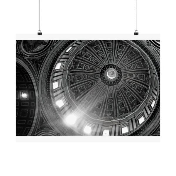 A black and white photo of the ceiling of a building.