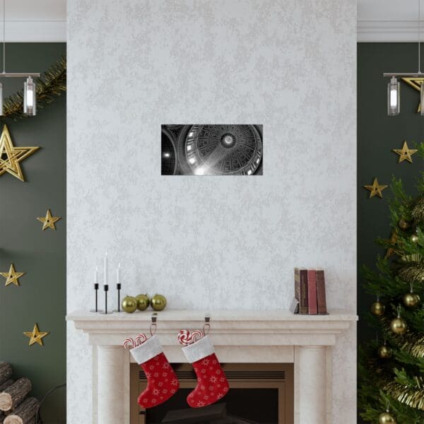 A fireplace with christmas stockings hanging on it.