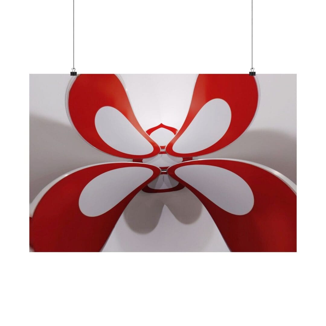 A red and white butterfly hanging from the ceiling.