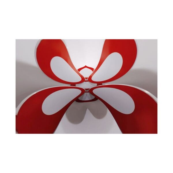 A close up of the top part of a red and white butterfly.