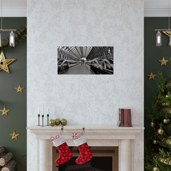 A fireplace with two stockings hanging on it.