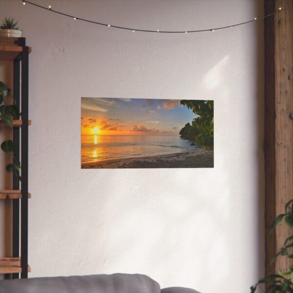 A painting of the ocean and sunset on canvas.