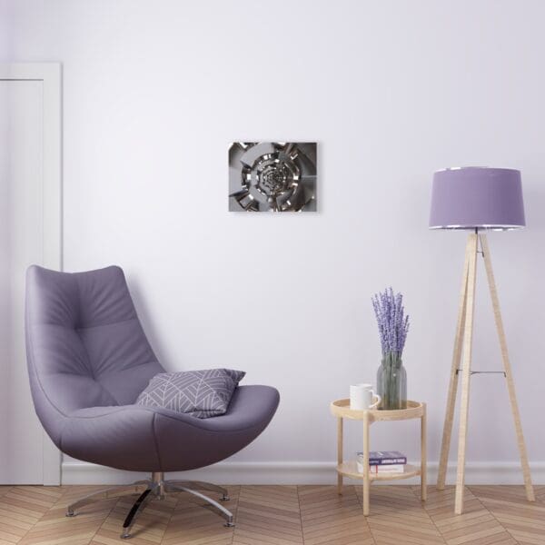 A chair and lamp in a room with white walls.