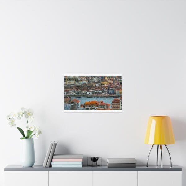 A painting of a river with boats on it